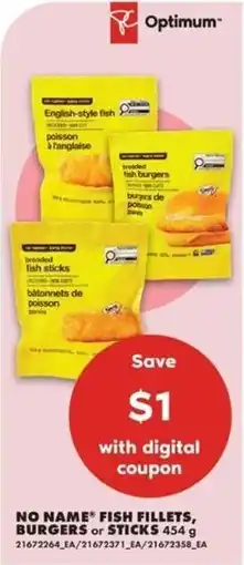 No Frills No Name fish fillets, burgers or sticks offer