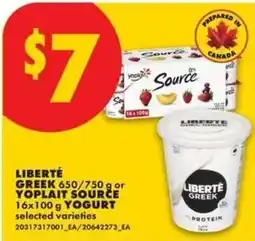 No Frills Liberté Greek or Yoplait Source yogurt offer