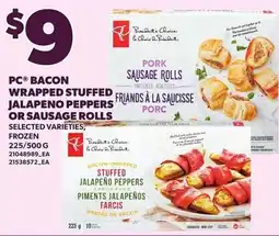 Loblaws PC bacon wrapped stuffed jalapeno peppers or sausage rolls offer