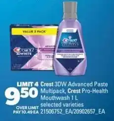 Real Canadian Superstore Crest 3DW Advanced Paste Multipack, Crest Pro-Health Mouthwash offer