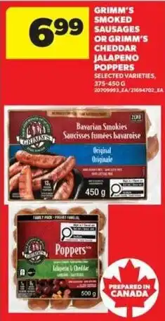 Real Canadian Superstore Grimm's smoked sausages or Grimm's cheddar jalapeno poppers offer