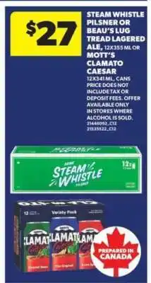Real Canadian Superstore Steam Whistle Pilsner or Beau's Lug Tread Lagered Ale, or Mott's Clamato Caesar offer