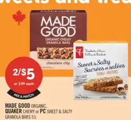 Shoppers Drug Mart MADE GOOD ORGANIC, QUAKER CHEWY OF PC SWEET & SALTY GRANOLA BARS offer