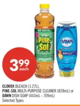 Shoppers Drug Mart CLOROX BLEACH (1.27L), PINE-SOL MULTI-PURPOSE CLEANER (828mL) or DAWN DISH SOAP (443mL - 709mL) offer
