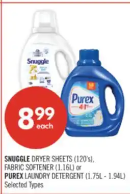 Shoppers Drug Mart SNUGGLE DRYER SHEETS (120's), FABRIC SOFTENER (1.16L) or PUREX LAUNDRY DETERGENT (1.75L - 1.94L) offer