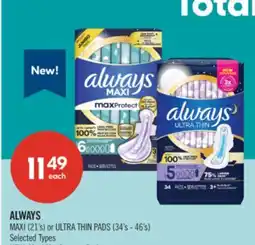 Shoppers Drug Mart ALWAYS MAXI (21's) or ULTRA THIN PADS (34's - 46's) offer