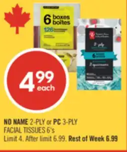 Shoppers Drug Mart NO NAME 2-PLY or PC 3-PLY FACIAL TISSUES 6's offer