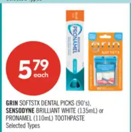 Shoppers Drug Mart GRIN SOFTSTX DENTAL PICKS (90's), SENSODYNE BRILLIANT WHITE (135mL) or PRONAMEL (110mL) TOOTHPASTE offer