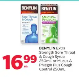 Rexall BENYLIN Extra Strength Sore Throat & Cough Syrup 250mL or Mucus & Phlegm Plus Cough Control offer