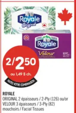 Pharmaprix ROYALE ORIGINAL 2-Ply (126) or VELOUR 3-Ply (82) Facial Tissues offer