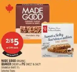 Shoppers Drug Mart Made good organic chewy or pc sweet & salty granola bars offer