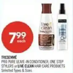 Shoppers Drug Mart TRESEMME pro pure leave-in conditioner one step stylers or live clean hair care products offer