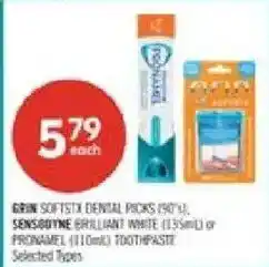 Shoppers Drug Mart Grin softtx dental picks or sensodyne brilliant white toothpaste offer