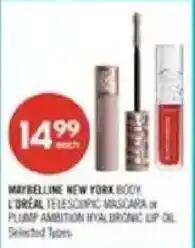 Shoppers Drug Mart Maybelline New York Body L'Oréal Telescopic Mascara or Plump Ambition Hyaluronic Lip Oil offer