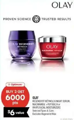 Shoppers Drug Mart Olay regenerist retinol24 night serum, niacinamide + peptide24 or whips facial moisturizers offer