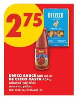 No Frills UNICO SAUCE or DE CECCO PASTA offer