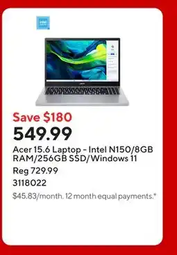 Staples Acer 15.6 Laptop - Intel N150/8GB RAM/256GB SSD/Windows 11 offer