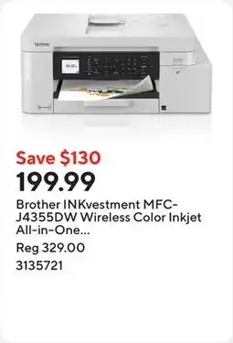 Staples Brother INKvestment MFC-J4355DW Wireless Color Inkjet All-in-One Printer offer