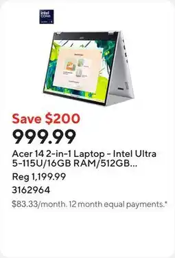 Staples Acer 14 2-in-1 Laptop - Intel Ultra 5-115U/16GB RAM/512GB SSD/Touchscreen/Windows 11 offer