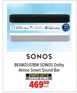 2001 Audio Video BEAM2US1BW SONOS Dolby Atmos Smart Sound Bar offer