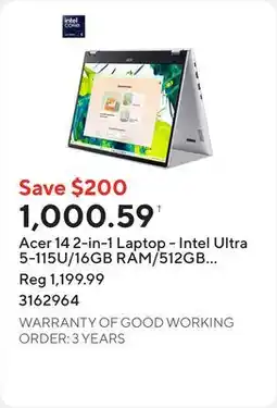 Staples Acer 14 2-in-1 Laptop - Intel Ultra 5-115U/16GB RAM/512GB SSD/Touchscreen/Windows 11 offer