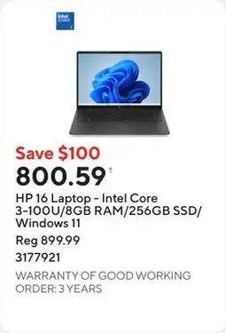 Staples HP 16 Laptop - Intel Core 3-100U/8GB RAM/256GB SSD/Windows 11 offer