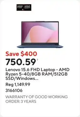 Staples Lenovo 15.6 FHD Laptop - AMD Ryzen 5-40/8GB RAM/512GB SSD/Windows 11 Home offer