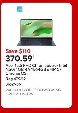 Staples Acer 15.6 FHD Chromebook - Intel N50/4GB RAM/64GB eMMC/Chrome OS with 3 months of Google AI Pro offer