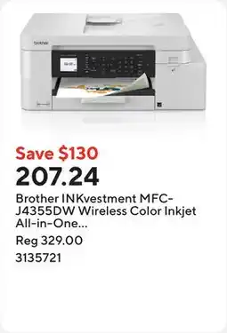 Staples Brother INKvestment MFC-J4355DW Wireless Color Inkjet All-in-One Printer offer