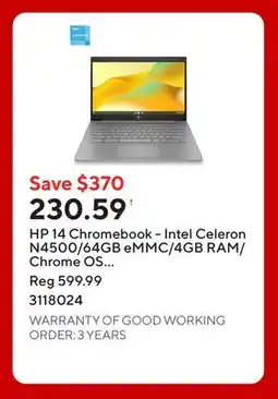 Staples HP 14 Chromebook - Intel Celeron N4500/64GB eMMC/4GB RAM/Chrome OS with 3 months of Google AI Pro offer