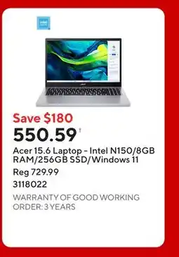 Staples Acer 15.6 Laptop - Intel N150/8GB RAM/256GB SSD/Windows 11 offer
