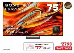 Visions Electronics Sony true rgb bravia 75" xr70m2 4k smart tv offer