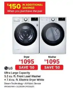 Visions Electronics LG Ultra Large Capacity 5.2 cu. ft. Front Load Washer + 7.4 cu. ft. Electric Dryer White offer
