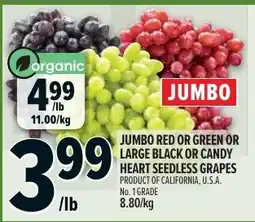 Metro organic jumbo red or green or large black or candy heart seedless grapes offer