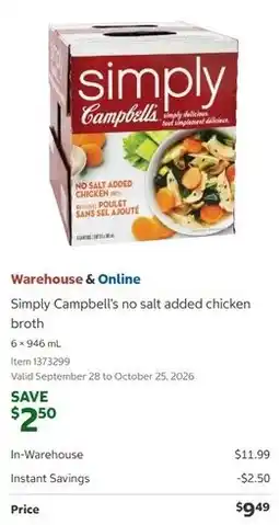Costco Simply Campbell's no salt added chicken broth offer