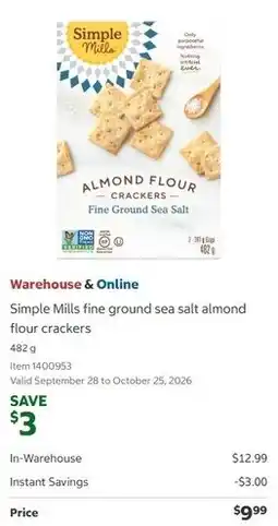 Costco Simple Mills fine ground sea salt almond flour crackers offer