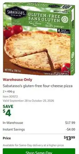 Costco Sabattasso's gluten-free four-cheese pizza offer