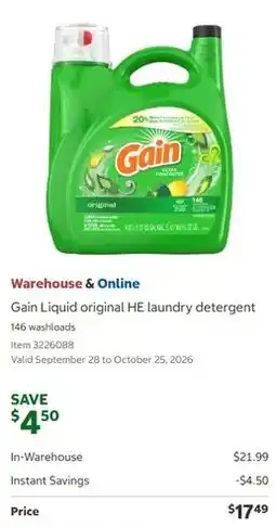 Costco Gain liquid original he laundry detergent offer