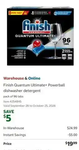 Costco Finish Quantum Ultimate+ Powerball dishwasher detergent offer