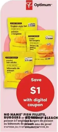 No Frills No Name fish fillets, burgers or fish sticks offer