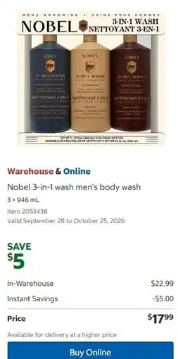 Costco Nobel 3-in-1 wash men's body wash offer