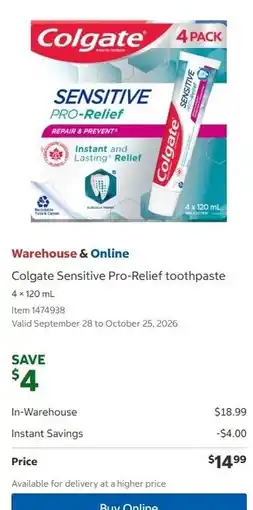 Costco Colgate Sensitive Pro-Relief toothpaste offer