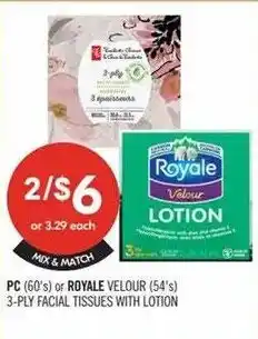 Shoppers Drug Mart PC 3-ply facial tissues or Royale velour lotion offer