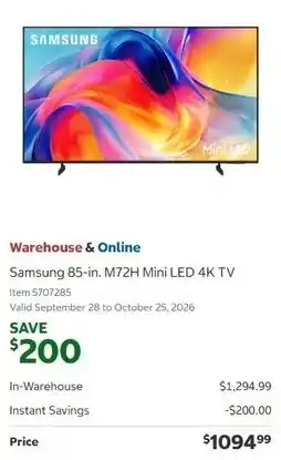 Costco Samsung 85-in. M72H Mini LED 4K TV offer