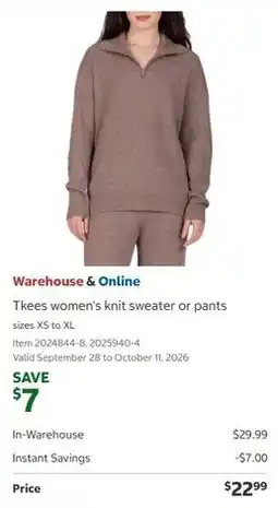 Costco Warehouse & Online Tkees women's knit sweater or pants offer