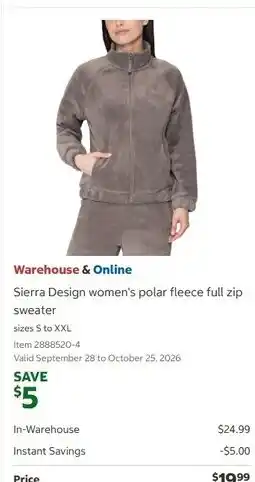 Costco Sierra Design women's polar fleece full zip sweater offer