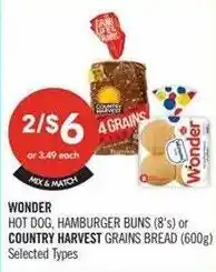 Shoppers Drug Mart Wonder hot dog, hamburger buns or country harvest grains bread offer