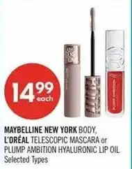 Shoppers Drug Mart Maybelline New York Body, L'Oréal Telescopic Mascara or Plump Ambition Hyaluronic Lip Oil offer