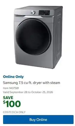 Costco Samsung 7.5 cu ft. dryer with steam offer