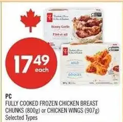 Shoppers Drug Mart PC fully cooked frozen chicken breast chunks or chicken wings offer